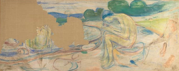 Gelbliche Gestalt hockt mit gesenktem Kopf in heller Küstenlandschaft – Edvard Munch Die Forscher Kunstkopie