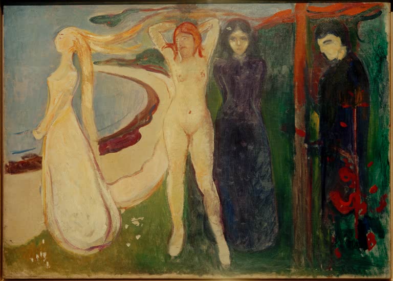 Vier Frauen in Weiß, nackt und in Dunkel stehen am geschwungenen Ufer – Edvard Munch Die Frau (Sphinx) Kunstkopie