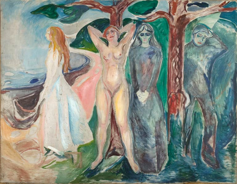 Vier Figuren unter Bäumen am Wasser, in der Mitte eine nackte Frau – Edvard Munch Die Frau Kunstkopie