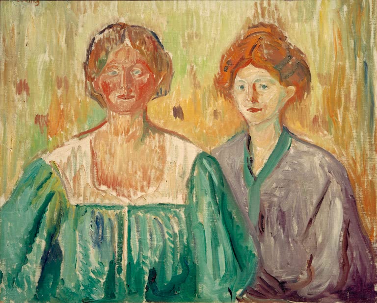 Zwei Frauen in Grün und Violett nebeneinander vor gelblichem Grund – Edvard Munch Die Geschwister Meisner Kunstkopie