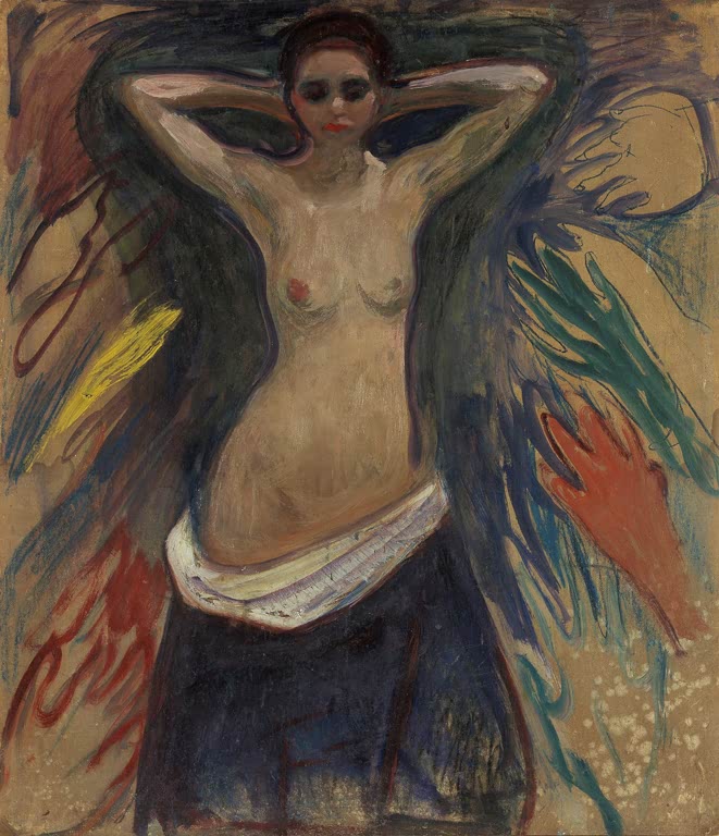 Halbnackte Frau hebt die Arme hinter den Kopf, umgeben von dunklen Farbschwüngen – Edvard Munch Die Hände Kunstkopie