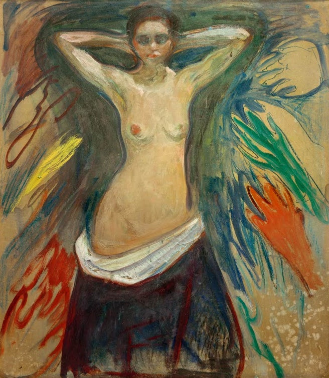 Frau mit hinter dem Kopf verschränkten Armen vor bunten flügelartigen Farbstrichen – Edvard Munch Die Hände Kunstkopie