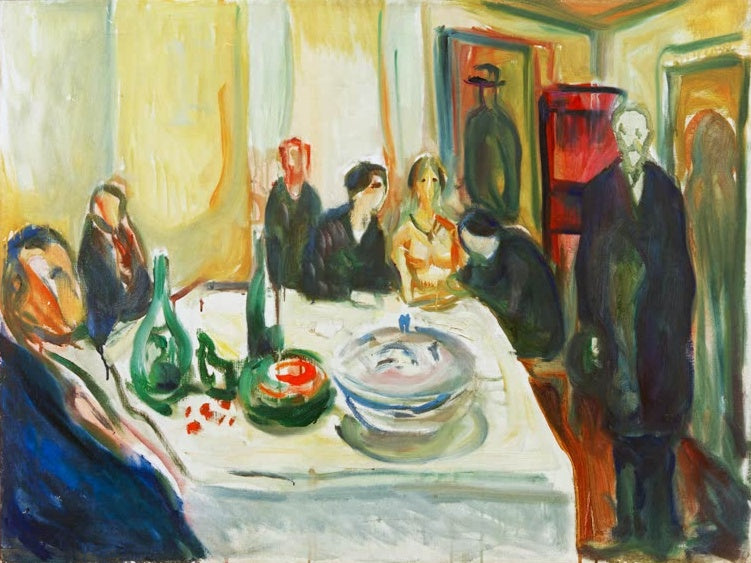 Festgesellschaft an einer weiß gedeckten Tafel mit Flaschen und Schüssel – Edvard Munch Die Hochzeit des Bohemien Kunstkopie