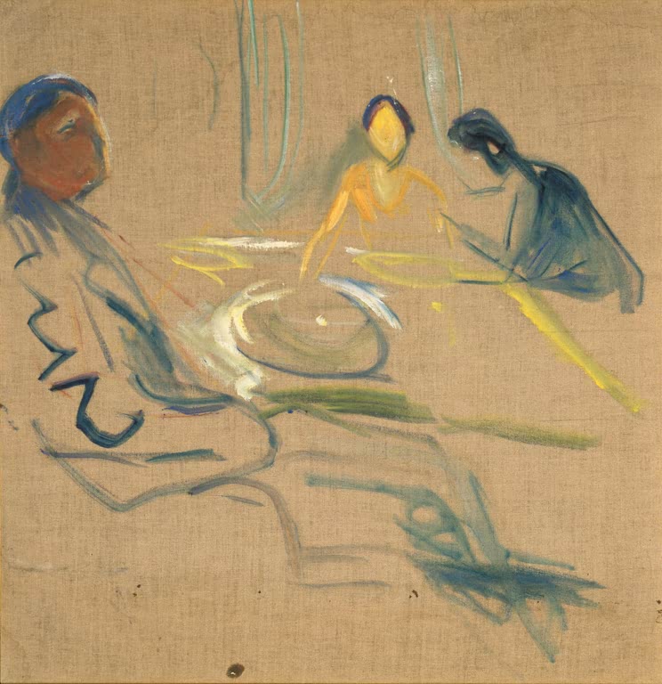Skizzenhaft gemalte Figuren an einem Tisch auf ungrundierter Leinwand – Edvard Munch Die Hochzeit des Bohemiens Kunstkopie