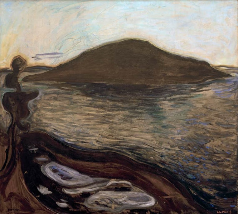 Dunkle Insel im ruhigen Wasser unter bewölktem Himmel, im Vordergrund Uferfelsen – Edvard Munch Die Insel Kunstkopie