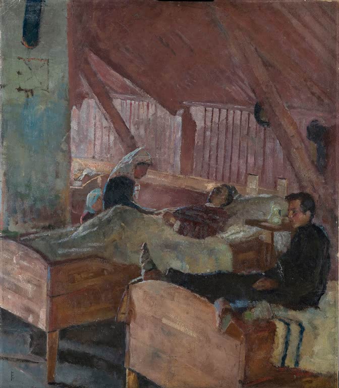 Kranke in Betten unter dem Dachstuhl, davor ein Mann – Edvard Munch Die Krankenstation in Helgelandsmoen Kunstkopie