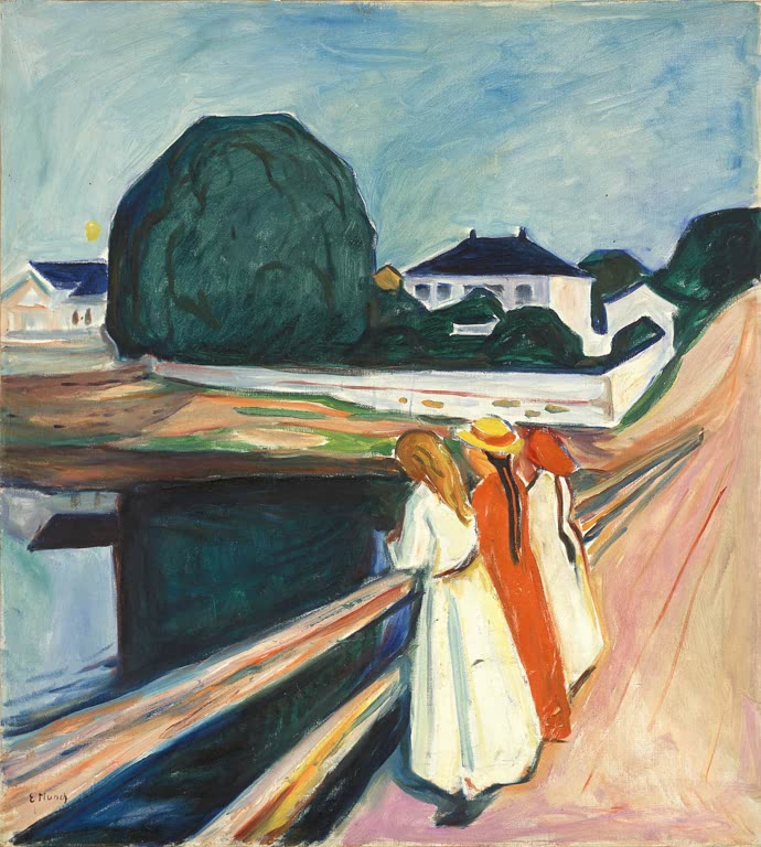 Drei Mädchen in Weiß und Rot an einer Brücke vor Häusern – Edvard Munch Die Mädchen auf der Brücke Kunstkopie