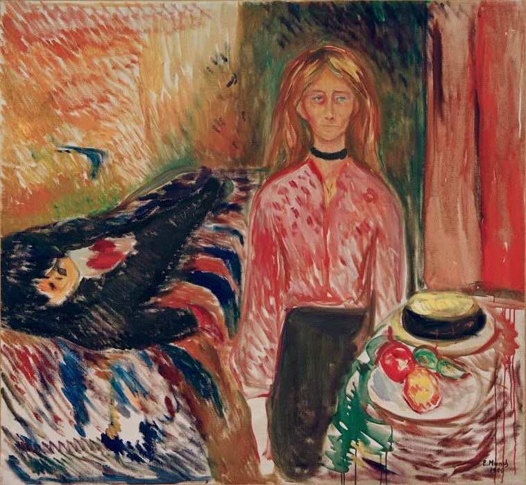 Rot gekleidete Frau steht am Tisch mit Früchten, links liegt eine dunkle Gestalt – Edvard Munch Die Mörderin Kunstkopie