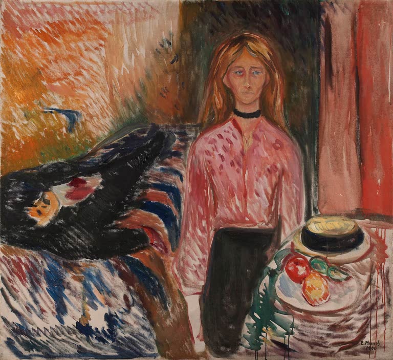 Frau in rosa Bluse steht neben einem Sofa mit liegender Gestalt und Obstteller – Edvard Munch Die Mörderin Kunstkopie