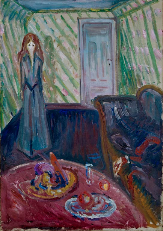 Frau in Blau steht in einem grün gestreiften Zimmer, davor ein Tisch mit Obstschale – Edvard Munch Die Mörderin Kunstkopie