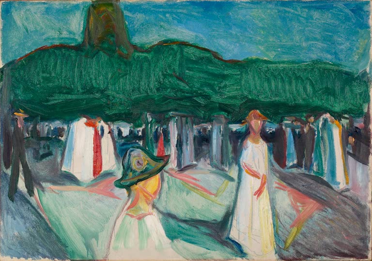 Spaziergänger in Weiß unter einer grünen Baumkrone, im Vordergrund eine Frau mit Hut – Edvard Munch Die Promenade Kunstkopie