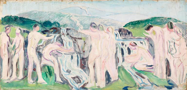 Nackte Männer stehen und beugen sich an einem Wasserfall in grüner Hügellandschaft – Edvard Munch Die Quelle Kunstkopie