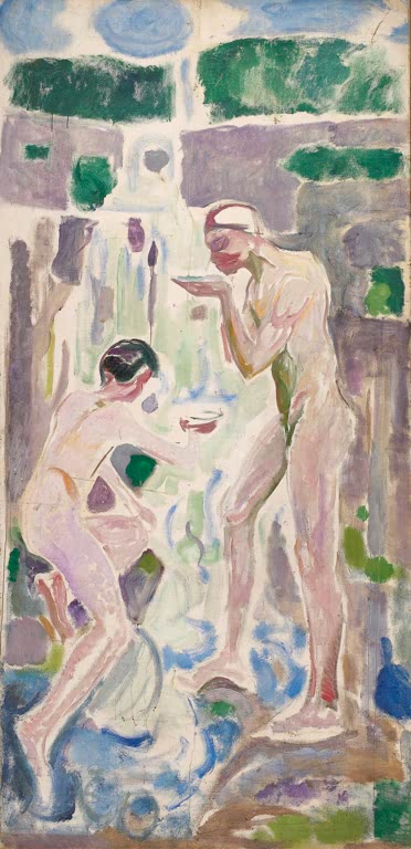 Zwei nackte Männer schöpfen Wasser an einer hellen Quelle – Edvard Munch Die Quelle Kunstkopie