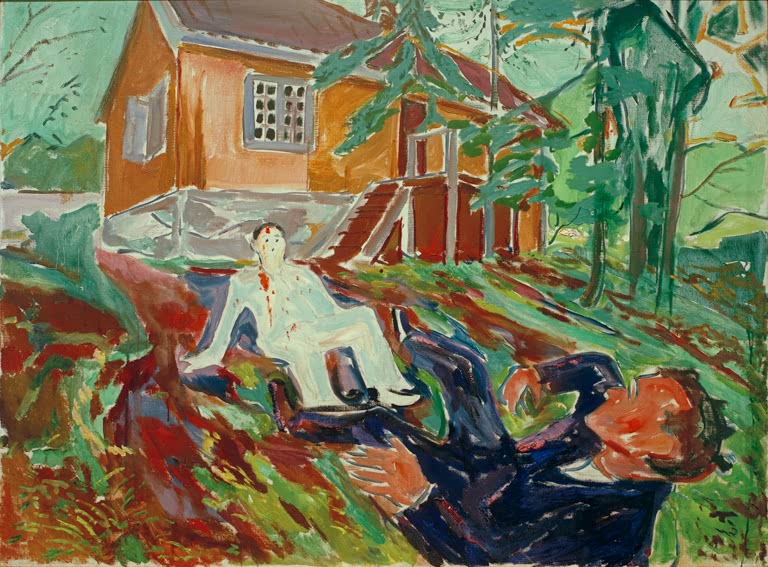 Kampf vor rotem Haus im Garten, ein Mann in Weiß liegt über einem Mann in Blau – Edvard Munch Die Schlägerei Kunstkopie