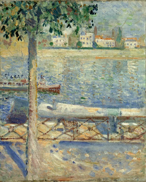 Fluss mit Booten und weißen Häusern am Ufer, vorn ein Baumstamm – Edvard Munch Die Seine bei Saint-Cloud Kunstkopie