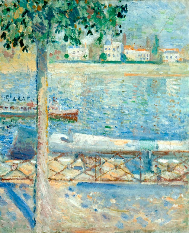 Baum am Seineufer mit Geländer und Häusern am anderen Ufer im Sonnenlicht – Edvard Munch Die Seine bei Saint-Cloud Kunstkopie