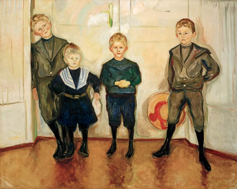 Vier Jungen stehen in einem hellen Raum, einer trägt Matrosenanzug – Edvard Munch Die Söhne des Dr. Linde Kunstkopie