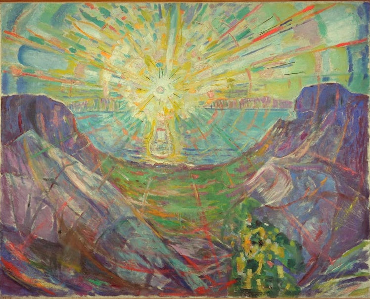 Strahlende Sonne über einer Bucht, links und rechts violette Felsen – Edvard Munch Die Sonne II. Studie Kunstkopie