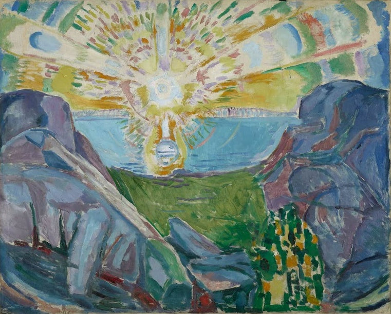 Edvard Munch Die Sonne Kunstkopie, strahlende Sonnenscheibe über Fjordlandschaft zwischen zwei Felsen