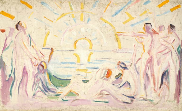 Nackte Männer vor einer gelben Sonne über dem Meer – Edvard Munch Die Sonne und erwachende nackte Männer Kunstkopie