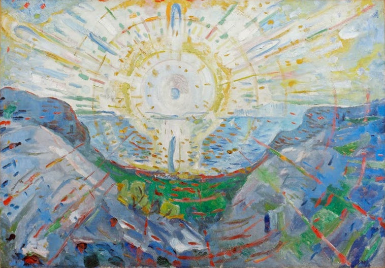 Strahlende Sonne über Fjord und blauen Felshängen in leuchtenden Farben – Edvard Munch Die Sonne Kunstkopie