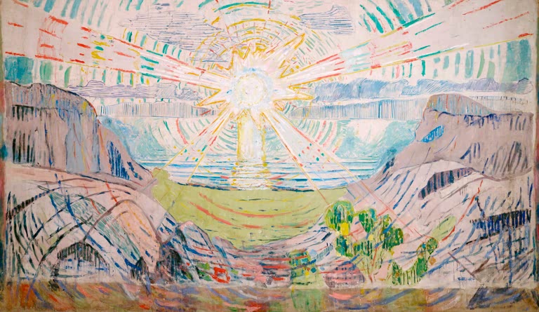 Skizzenhafte Sonne mit Strahlen über Felsen und Meer in hellen Tönen – Edvard Munch Die Sonne Kunstkopie