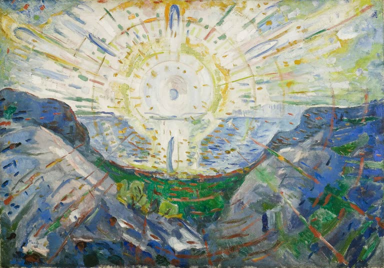 Strahlende Sonne mit gelben Lichtstrahlen über Meer und blauen Felshängen – Edvard Munch Die Sonne Kunstkopie