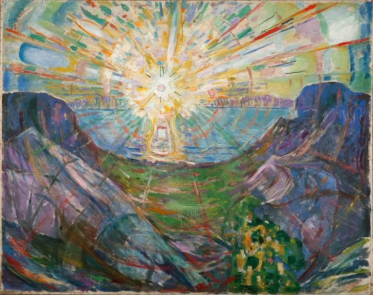 Strahlende Sonne über einem Fjord zwischen violetten Felsen – Edvard Munch Die Sonne Kunstkopie