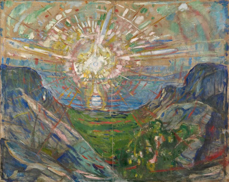 Strahlende Sonne über Fjord zwischen Felsen und grünem Hang – Edvard Munch Die Sonne Kunstkopie