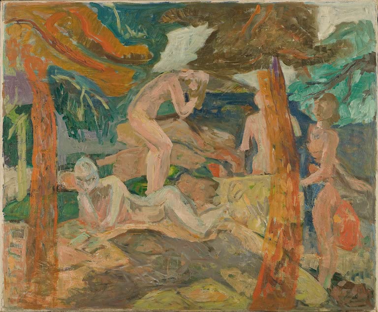 Nackte Figuren ruhen und stehen zwischen leuchtend orangefarbenen Baumstämmen – Edvard Munch Die Sonne Kunstkopie