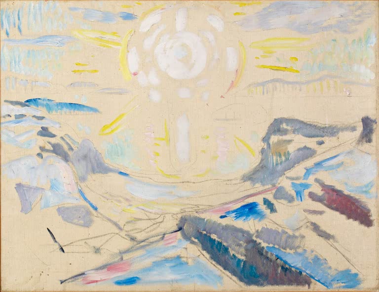 Strahlende weiße Sonne über hellen Felsen und Wasser in Pastelltönen – Edvard Munch Die Sonne Kunstkopie