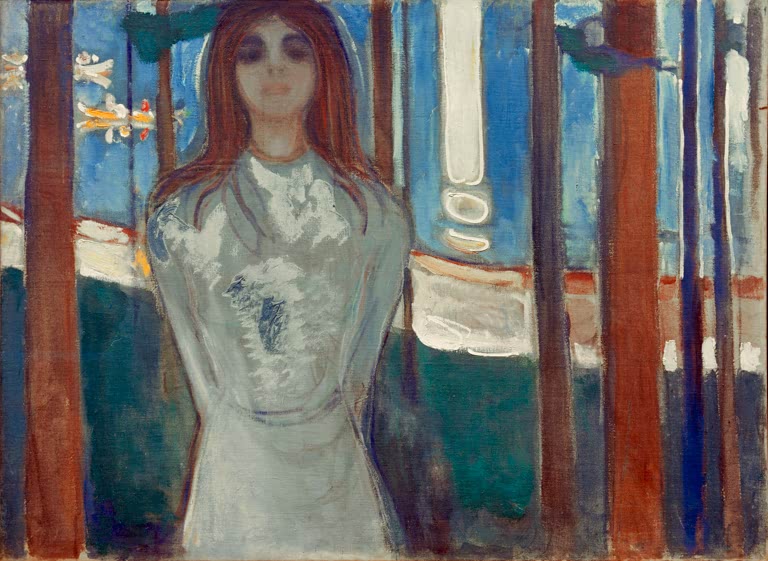 Frontal stehende Frau mit rotem Haar in hellem Kleid zwischen rotbraunen Baumstämmen – Edvard Munch Die Stimme Kunstkopie