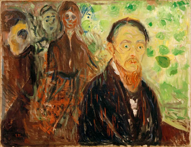 Mann mit rotem Bart im Vordergrund, dahinter drei Gestalten im Laub – Edvard Munch Die Überraschung Kunstkopie