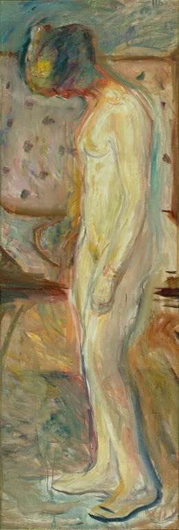 Nackte Frau steht mit gesenktem Kopf in einem Raum mit gemusterter Wand – Edvard Munch Die weinende Frau Kunstkopie