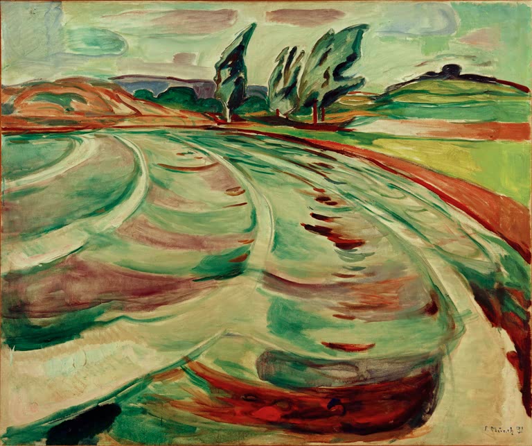 Grüne Hügellandschaft mit geschwungenen Bahnen und windgebeugten Bäumen – Edvard Munch Die Welle Kunstkopie