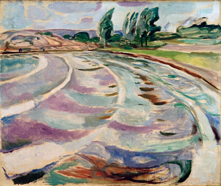 Hügellandschaft mit geschwungenen Wegen und windgebeugten Bäumen – Edvard Munch Die Welle Kunstkopie