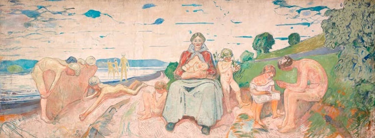 Edvard Munch Die Wissenschaftler Kunstkopie, Mutter mit Kind umgeben von badenden und forschenden Kindern am Ufer