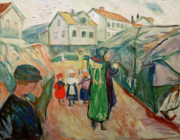 Dorfstraße mit Häusern, spielenden Kindern und einer Frau in Grün – Edvard Munch Dorfstraße Kragerö Kunstkopie