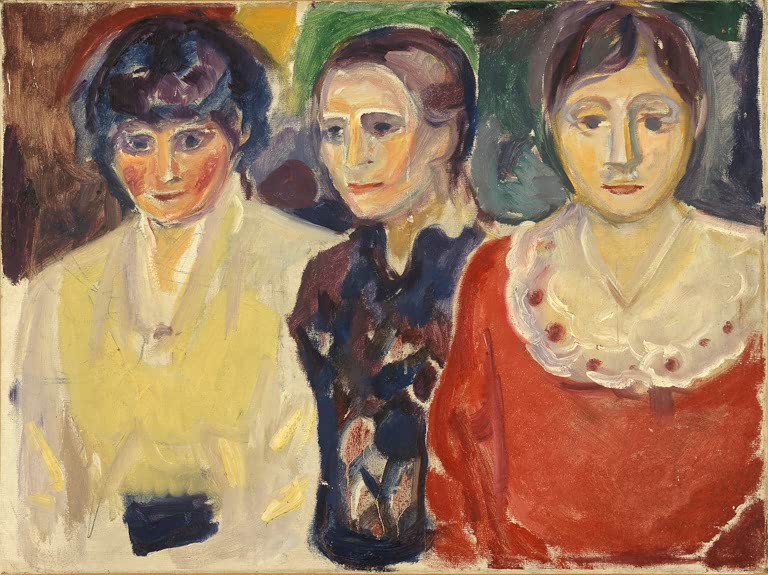 Drei Frauen in Gelb, Dunkelblau und Rot mit gesenktem Blick nebeneinander – Edvard Munch Drei Frauen Kunstkopie