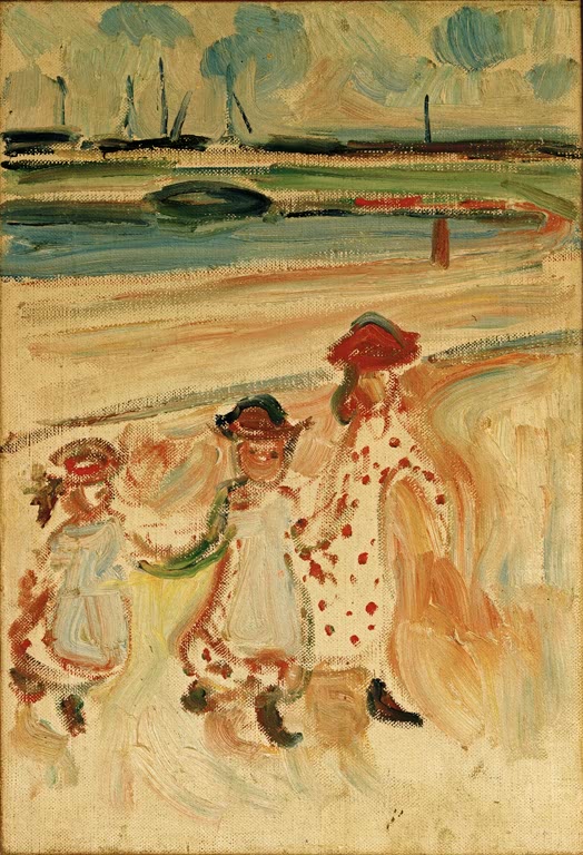 Drei Mädchen tanzen im Reigen am Strand unter weitem Himmel – Edvard Munch Drei Mädchen am Strand Kunstkopie