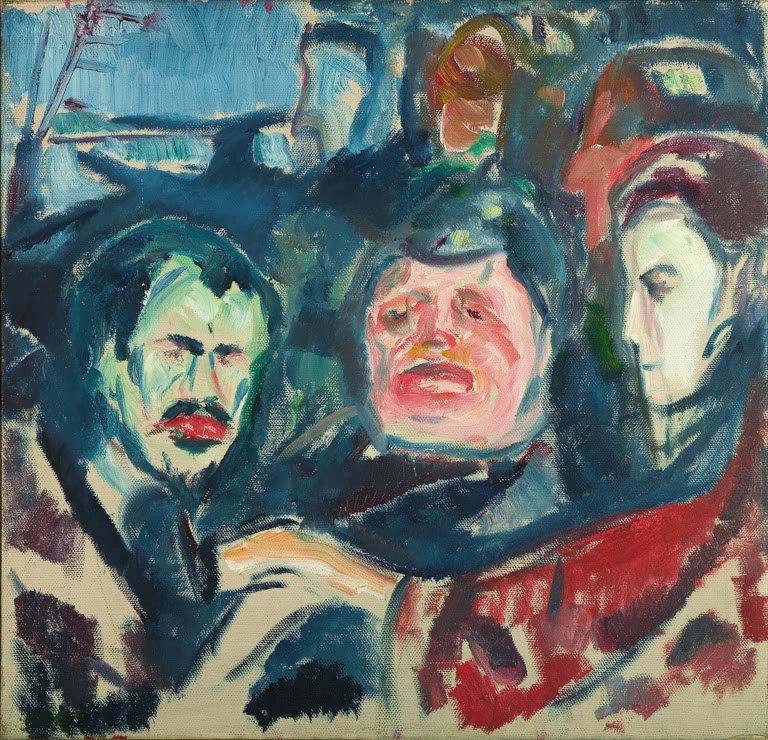 Drei Männerköpfe in kühlem Blau und Grün, einer mit rotem Schnurrbart – Edvard Munch Drei Männer Kunstkopie