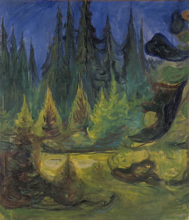 Dunkle Fichten über gelbgrünem Unterholz unter nachtblauem Himmel – Edvard Munch Dunkler Fichtenwald Kunstkopie