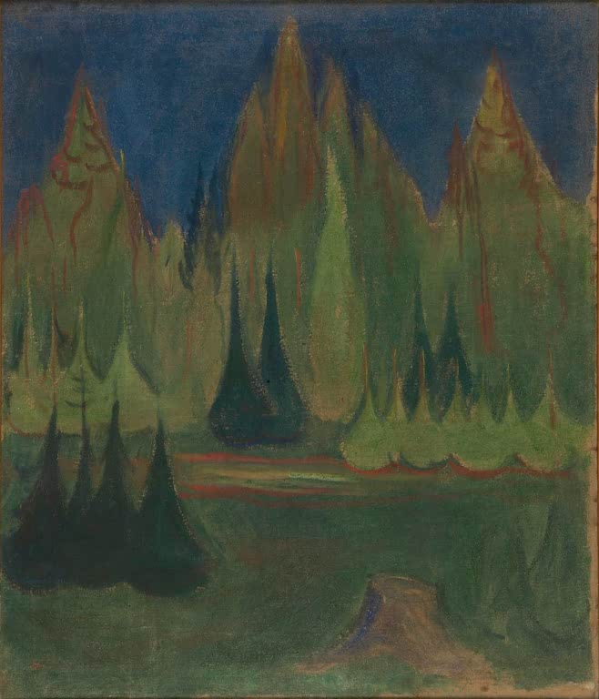 Dunkle Fichten in Grün- und Rottönen vor nachtblauem Himmel – Edvard Munch Dunkler Fichtenwald Kunstkopie