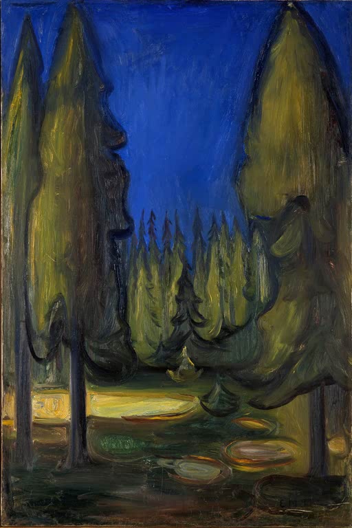 Hohe Fichten unter tiefblauem Himmel, im Vordergrund eine beleuchtete Lichtung – Edvard Munch Dunkler Fichtenwald Kunstkopie