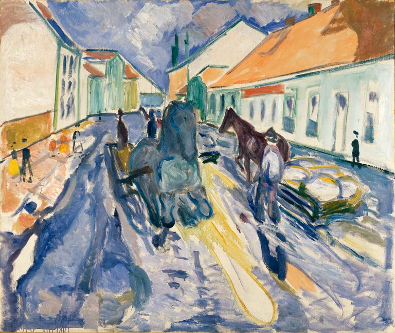 Pferdegespanne auf sonniger Dorfstraße zwischen hellen Häusern – Edvard Munch Durchgehendes Pferd auf der Straße Kunstkopie