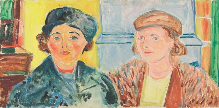 Edvard Munch Ebba Ridderstad und Marika Pauli Kunstkopie, Doppelbildnis zweier Frauen mit Mützen vor gelbem und blauem Grund