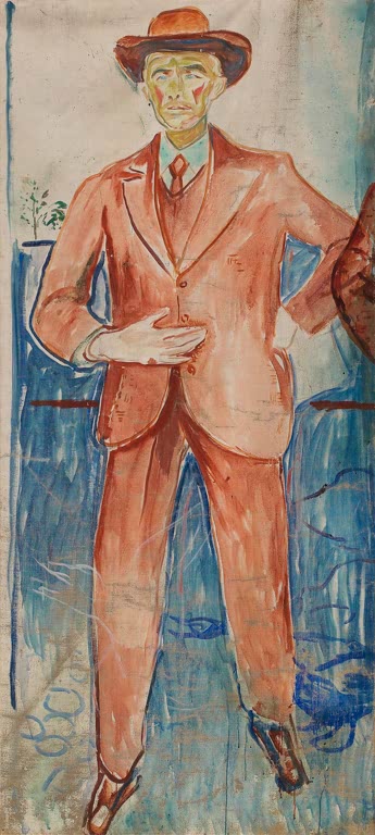 Stehender Mann im roten Anzug mit Hut vor blauem Grund – Edvard Munch Eberhard Grisebach Kunstkopie