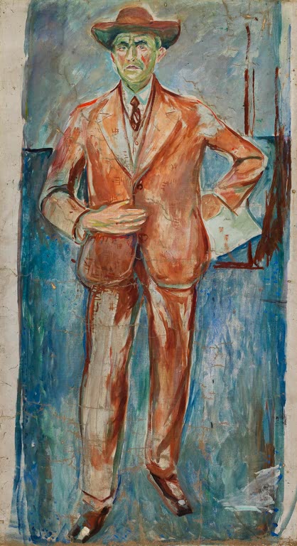 Ganzfigur eines Mannes mit Hut im orangeroten Anzug vor Blau – Edvard Munch Eberhard Grisebach Kunstkopie