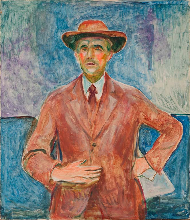 Mann in rotem Anzug und Hut steht vor blauem Hintergrund – Edvard Munch Eberhard Grisebach Kunstkopie