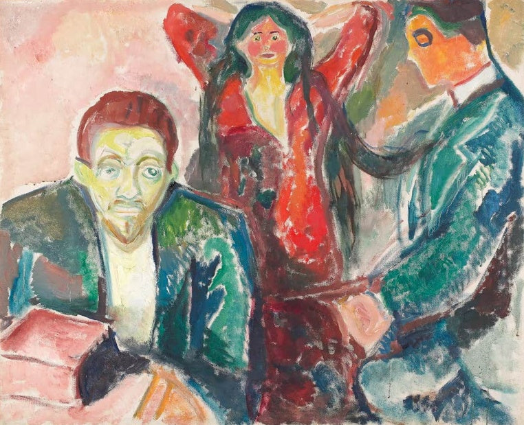 Edvard Munch Eifersucht, 1913 Kunstkopie, bleicher Mann im Vordergrund und rot gekleidete Frau mit einem zweiten Mann